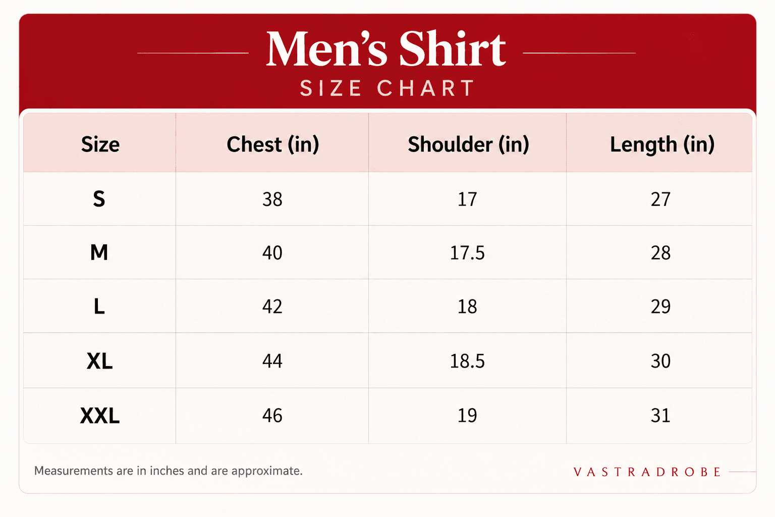 Men's Shirt size chart