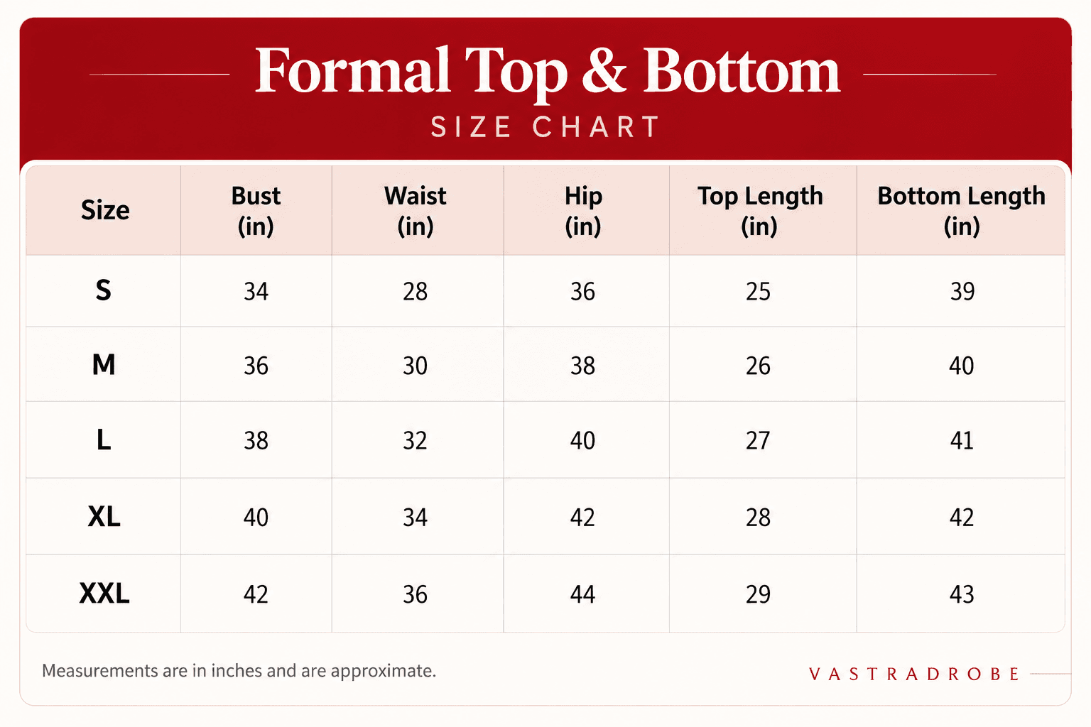 Formal Top & Bottom size chart