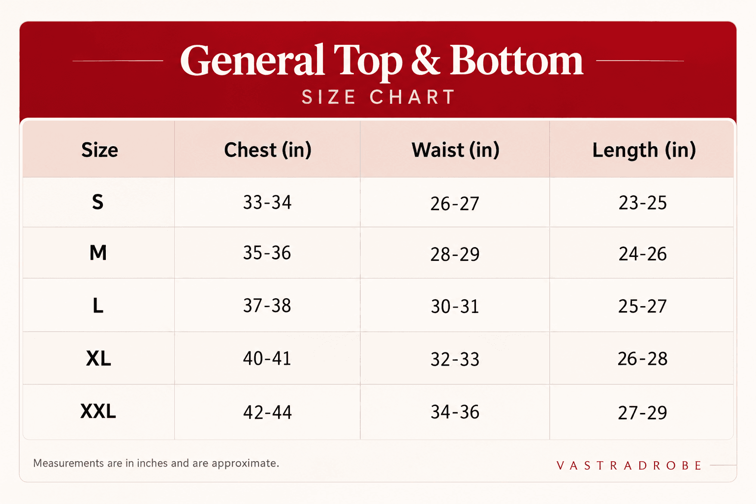 General Top & Bottom size chart