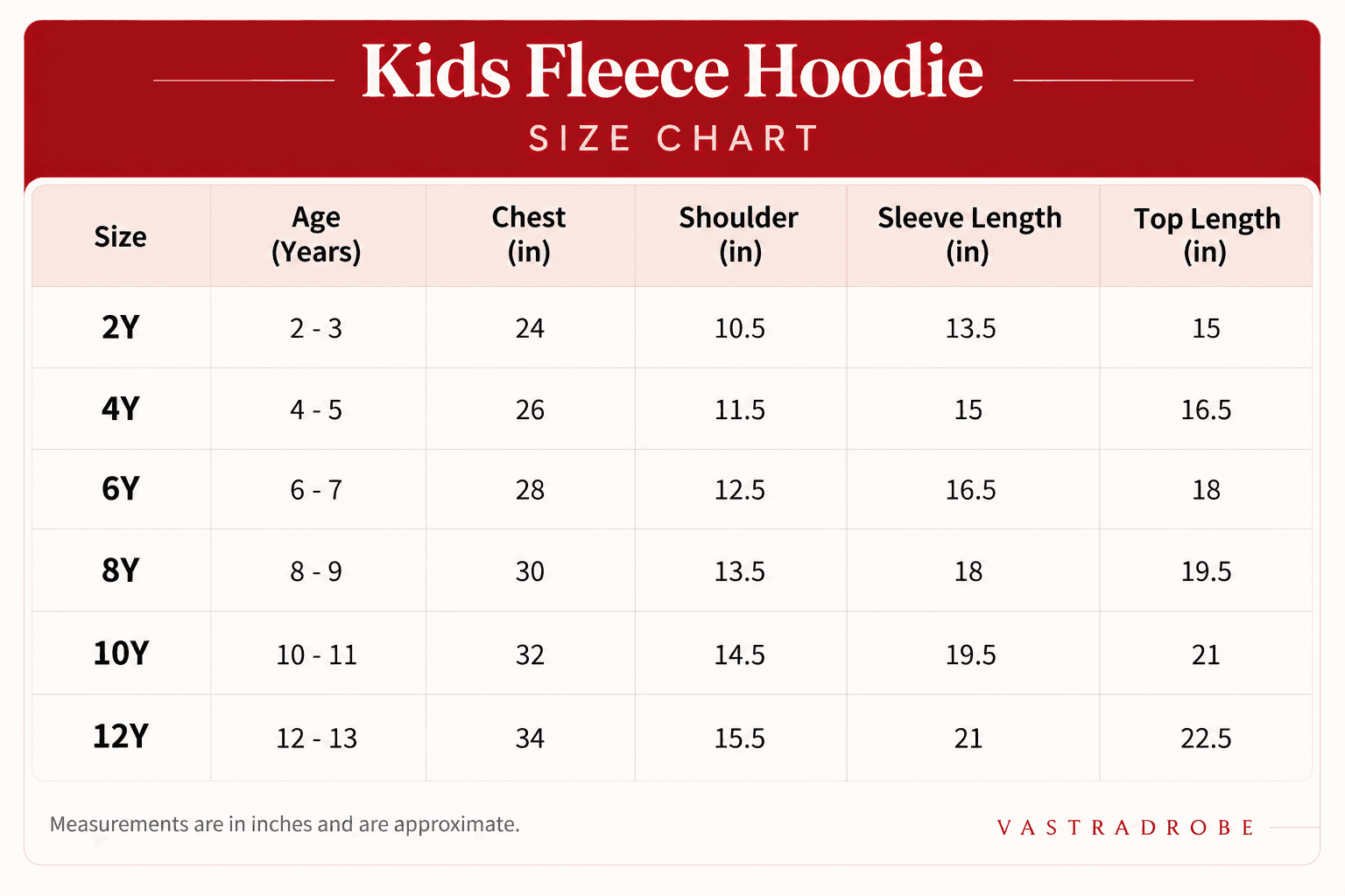 Kids Fleece Hoodie size chart