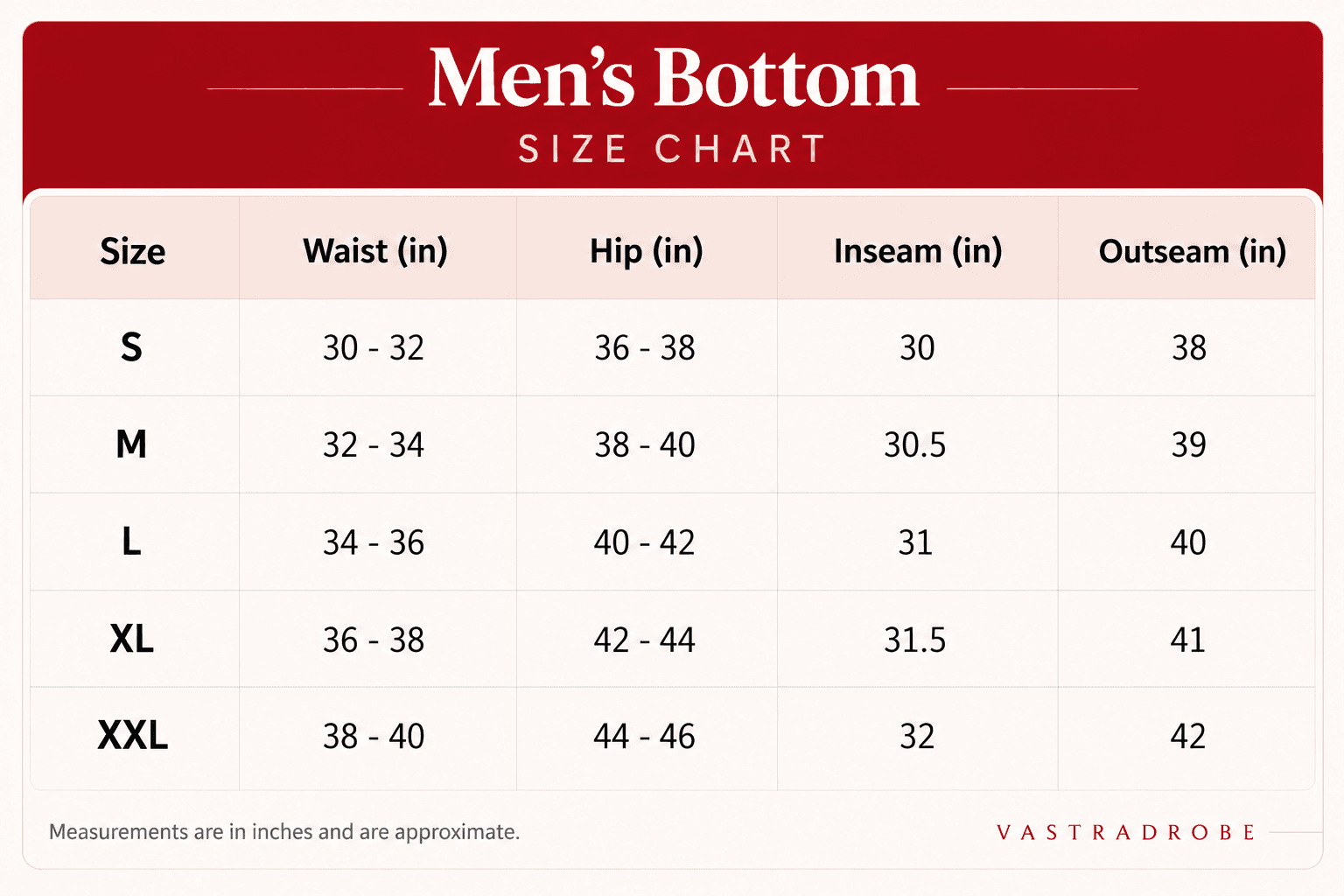 Men's Bottom size chart