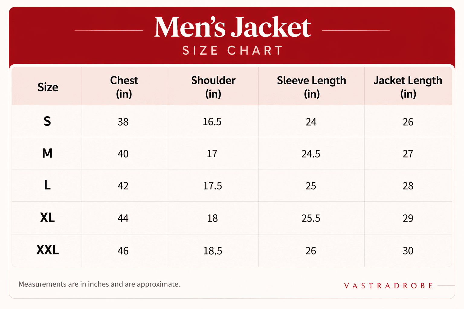 Men's Jacket size chart