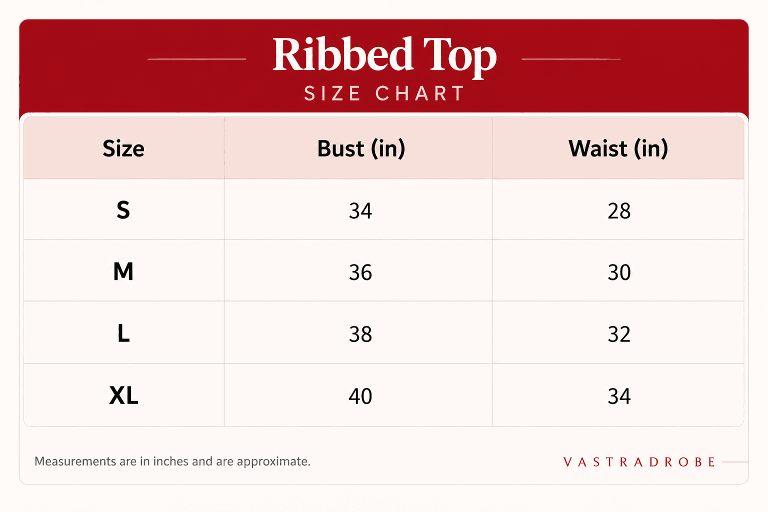 Ribbed Top size chart