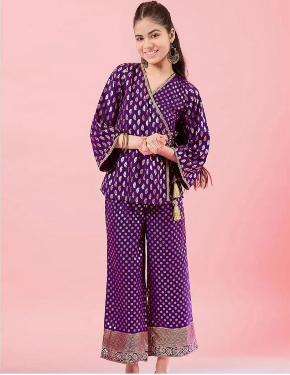 Girls Purple Foil-Print Co-ord Set — Wrap Top + Wide-Leg Palazzo