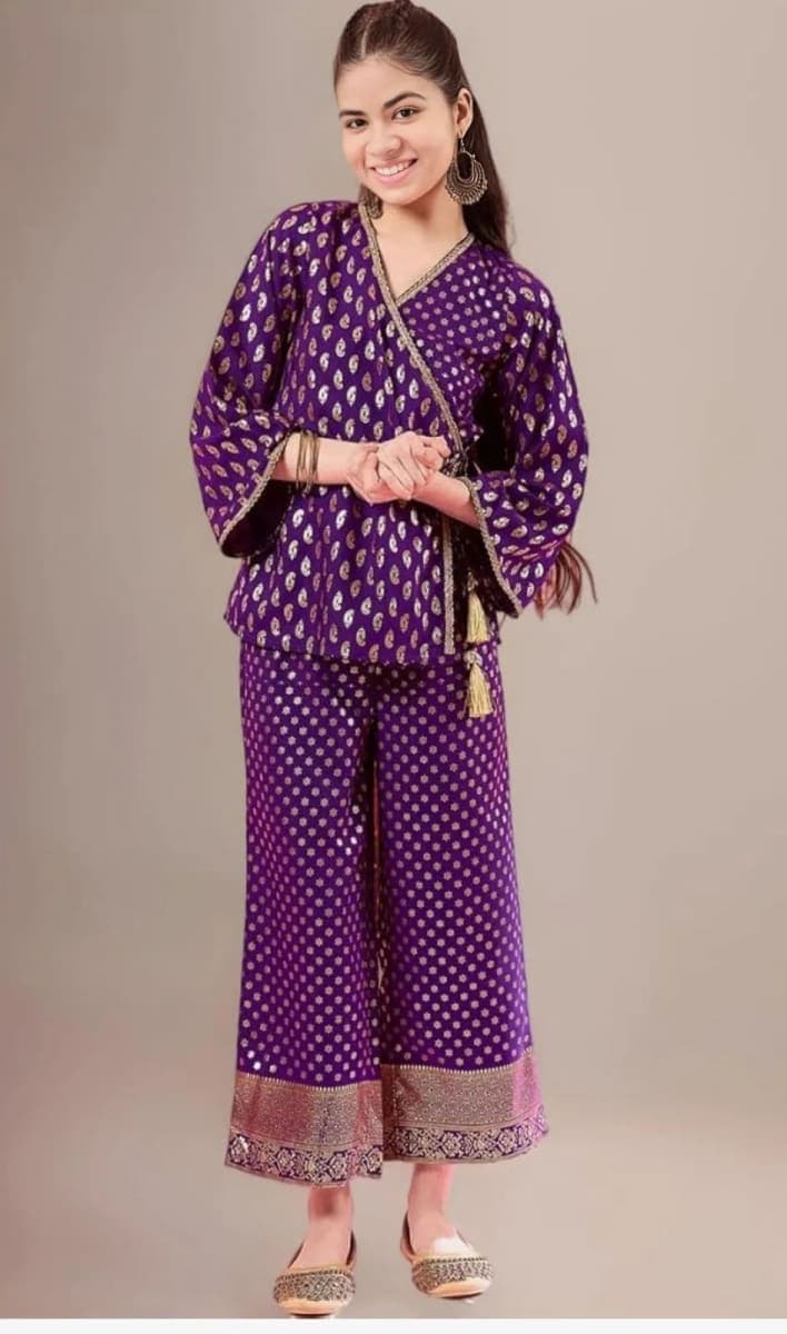 Girls Purple Foil-Print Co-ord Set — Wrap Top + Wide-Leg Palazzo