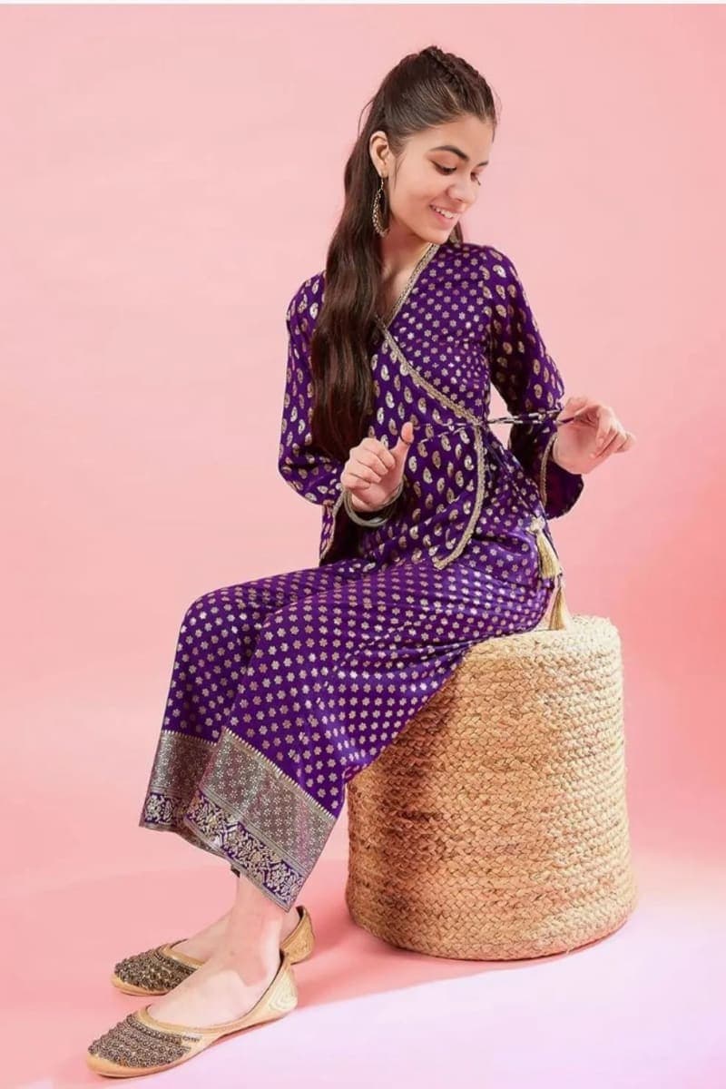 Girls Purple Foil-Print Co-ord Set — Wrap Top + Wide-Leg Palazzo