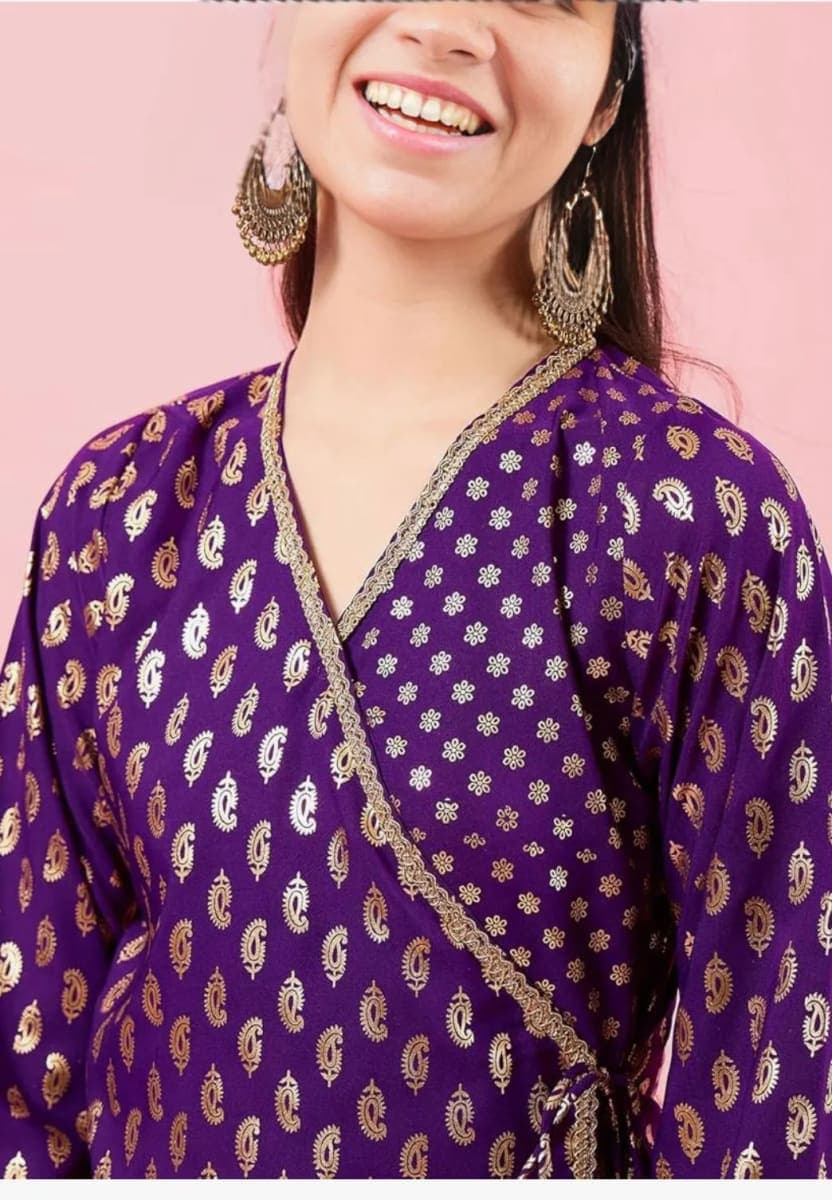 Girls Purple Foil-Print Co-ord Set — Wrap Top + Wide-Leg Palazzo