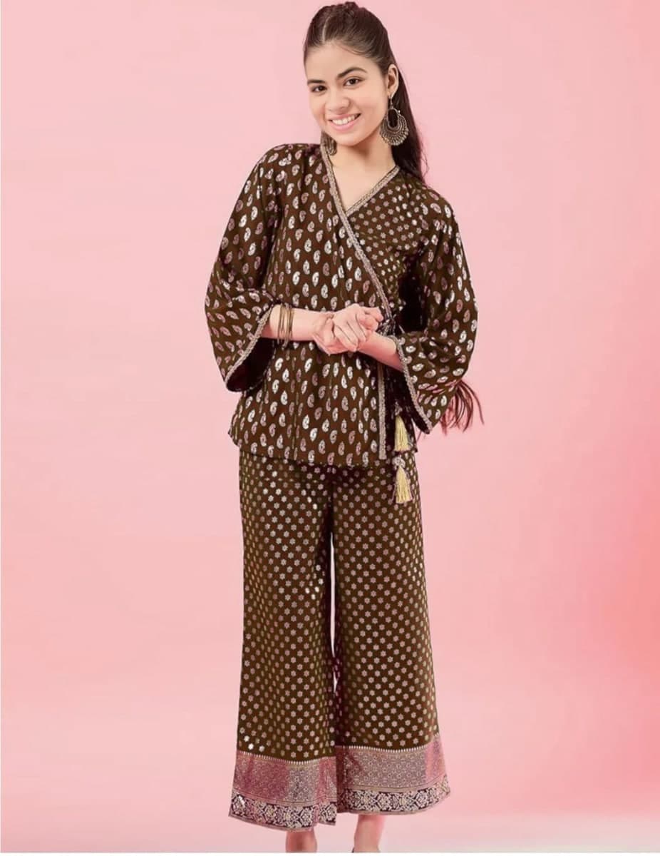 Girls Purple Foil-Print Co-ord Set — Wrap Top + Wide-Leg Palazzo