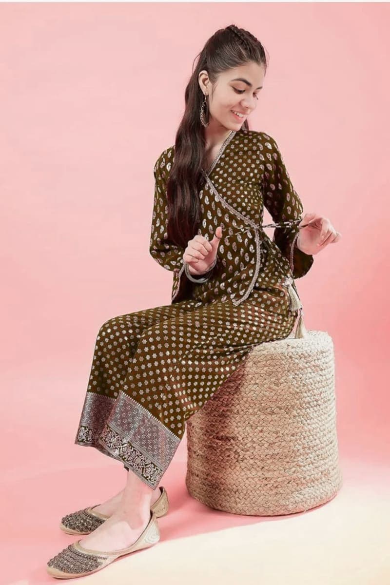 Girls Purple Foil-Print Co-ord Set — Wrap Top + Wide-Leg Palazzo