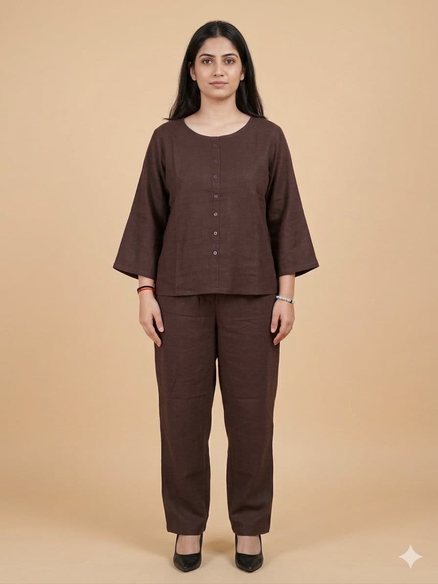 Women’s Co-Ord Set — Button Front Top & Pull-On Trousers With Bell Sleeves