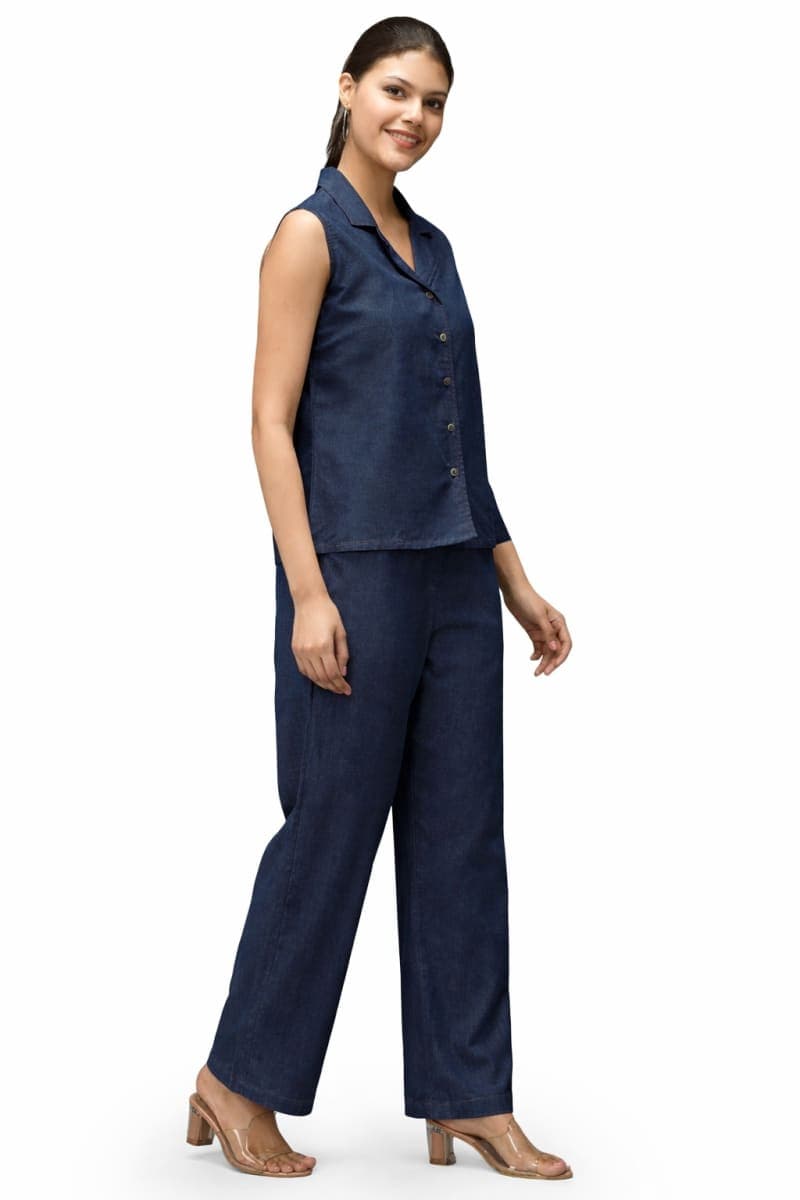 Denim Cotton Co-ord Set for Women | Sleeveless Shirt & Wide-Leg Pants | Vastradrobe