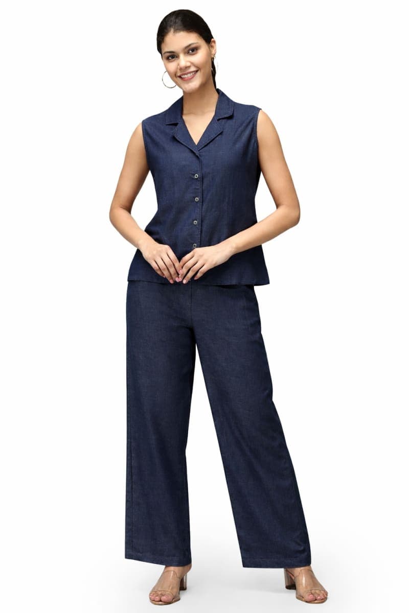 Denim Cotton Co-ord Set for Women | Sleeveless Shirt & Wide-Leg Pants | Vastradrobe