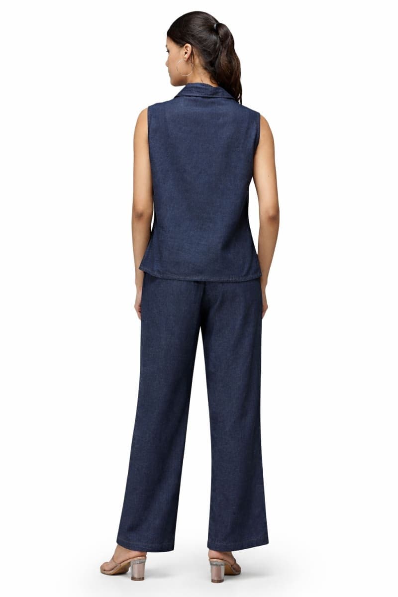 Denim Cotton Co-ord Set for Women | Sleeveless Shirt & Wide-Leg Pants | Vastradrobe