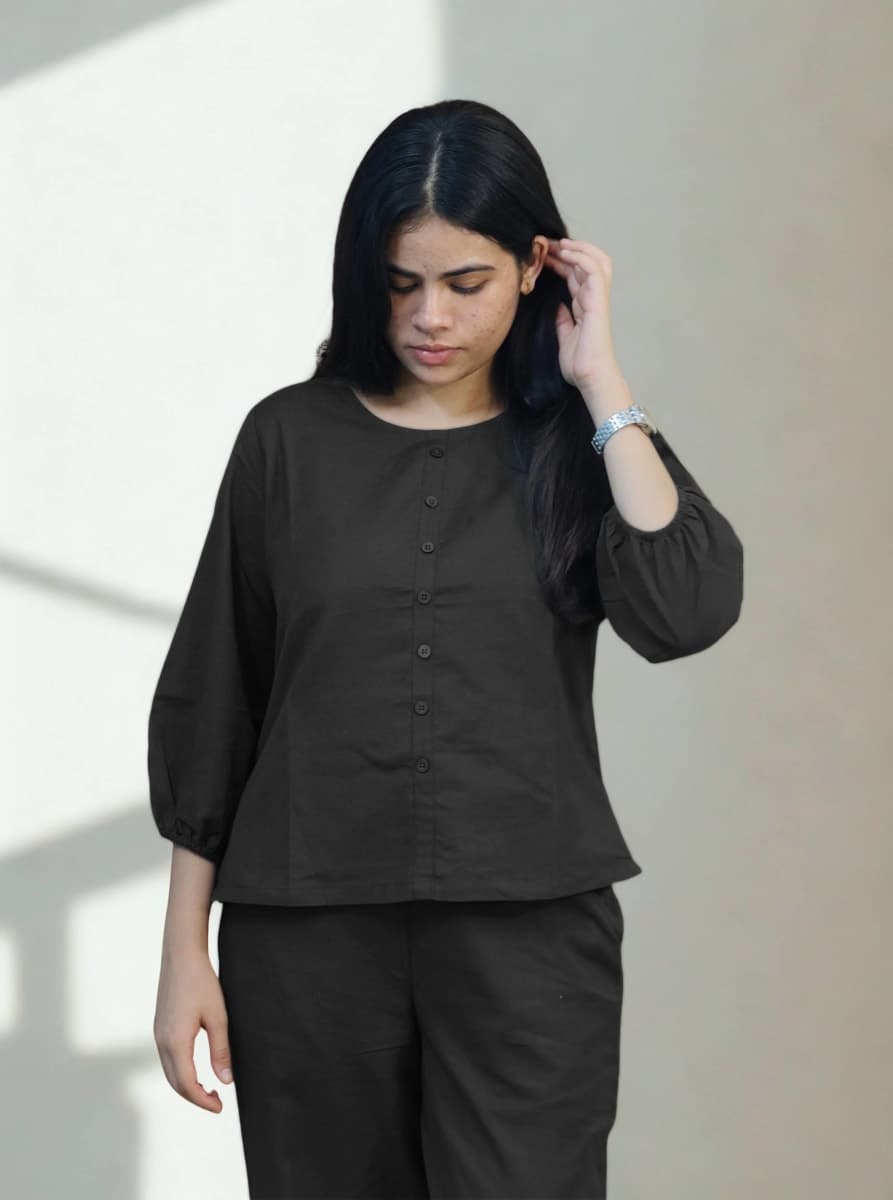 Women’s Solid Casual Co-ord Set | Button-Down Top & Relaxed Fit Pants