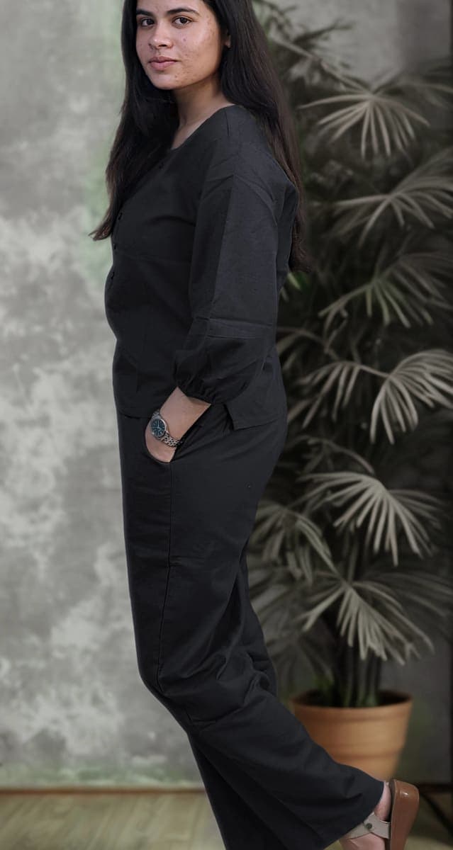 Women’s Solid Casual Co-ord Set | Button-Down Top & Relaxed Fit Pants