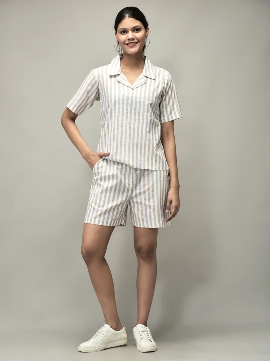 Women’s Striped Summer Co-ord Set | Short Sleeve Shirt & Shorts Set