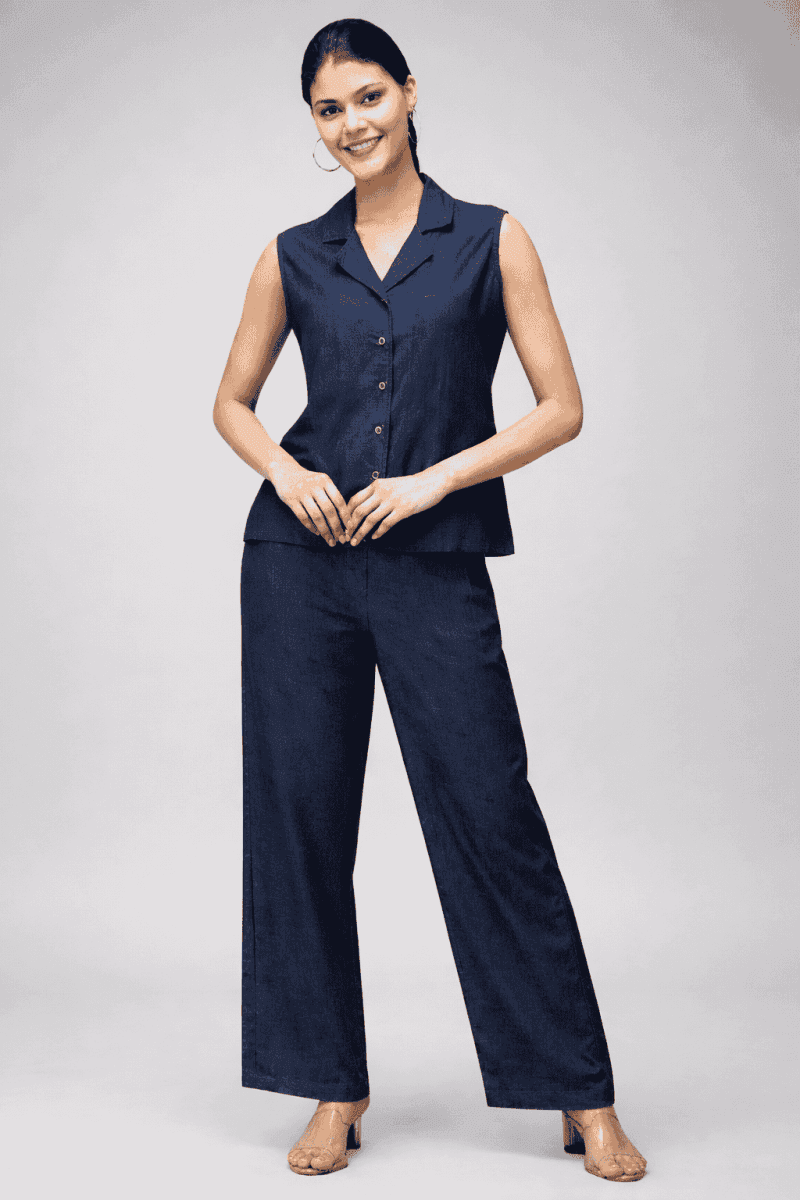 Denim Cotton Co-ord Set for Women | Sleeveless Shirt & Wide-Leg Pants | Vastradrobe