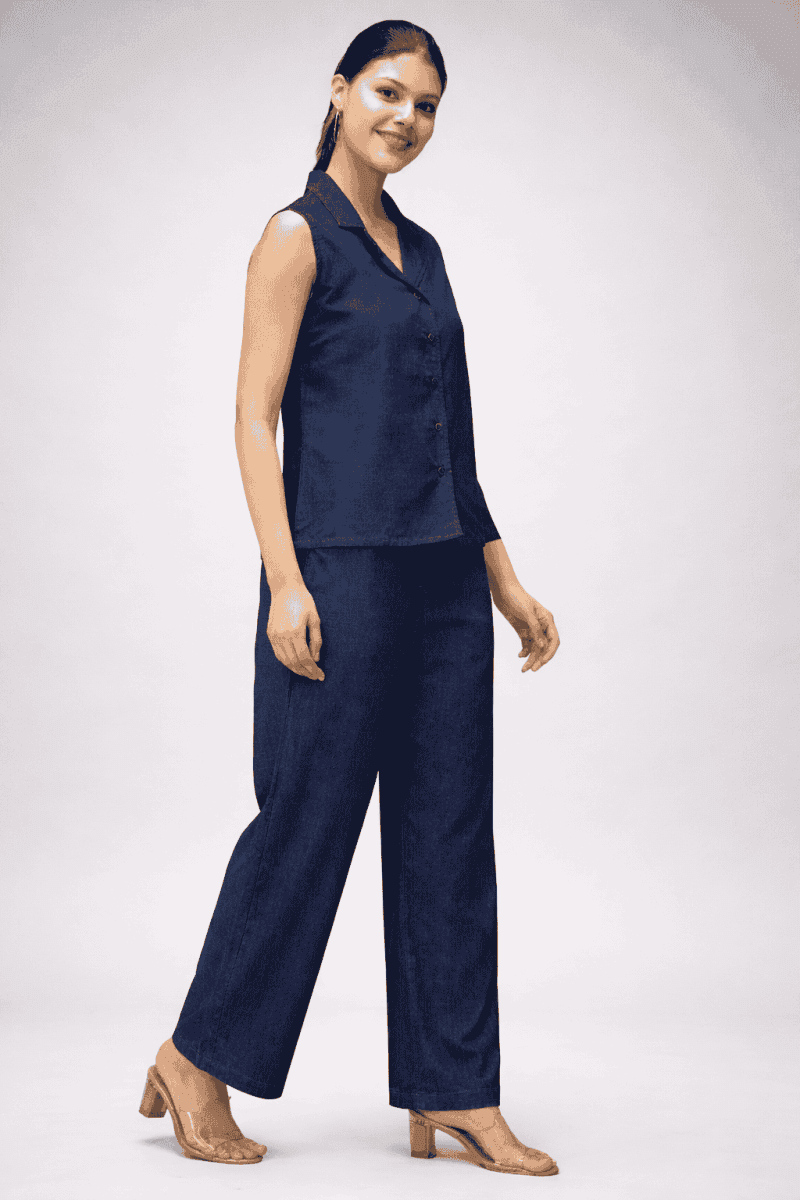 Denim Cotton Co-ord Set for Women | Sleeveless Shirt & Wide-Leg Pants | Vastradrobe