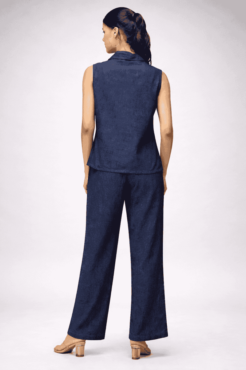 Denim Cotton Co-ord Set for Women | Sleeveless Shirt & Wide-Leg Pants | Vastradrobe