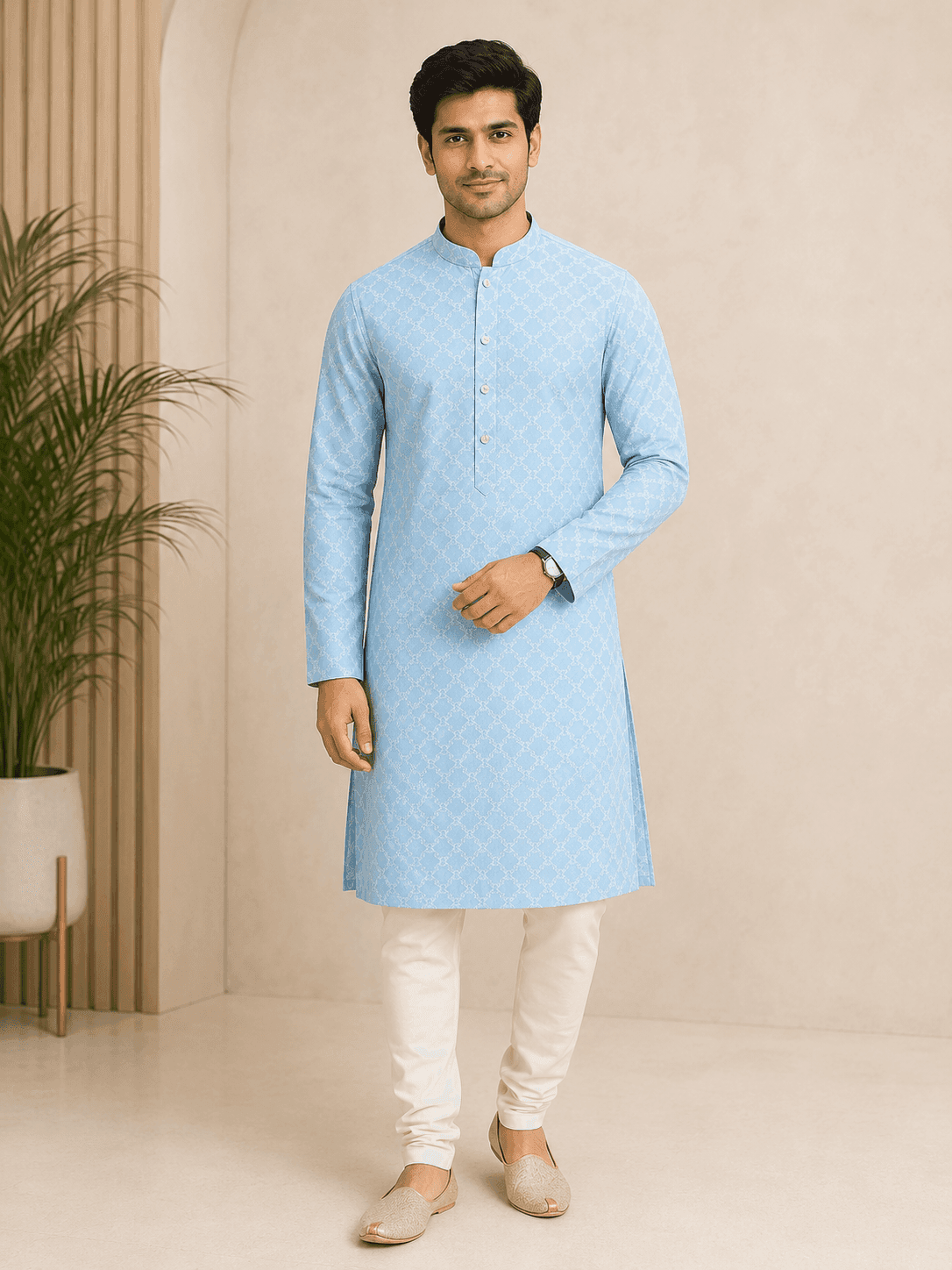 Men’s Premium Printed Kurta Set | Full Sleeve Ethnic Kurta with Churidar Pants