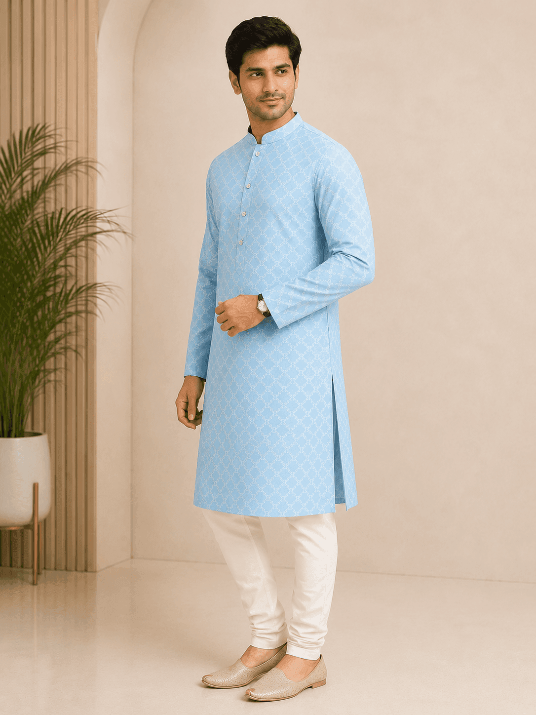 Men’s Premium Printed Kurta Set | Full Sleeve Ethnic Kurta with Churidar Pants 3