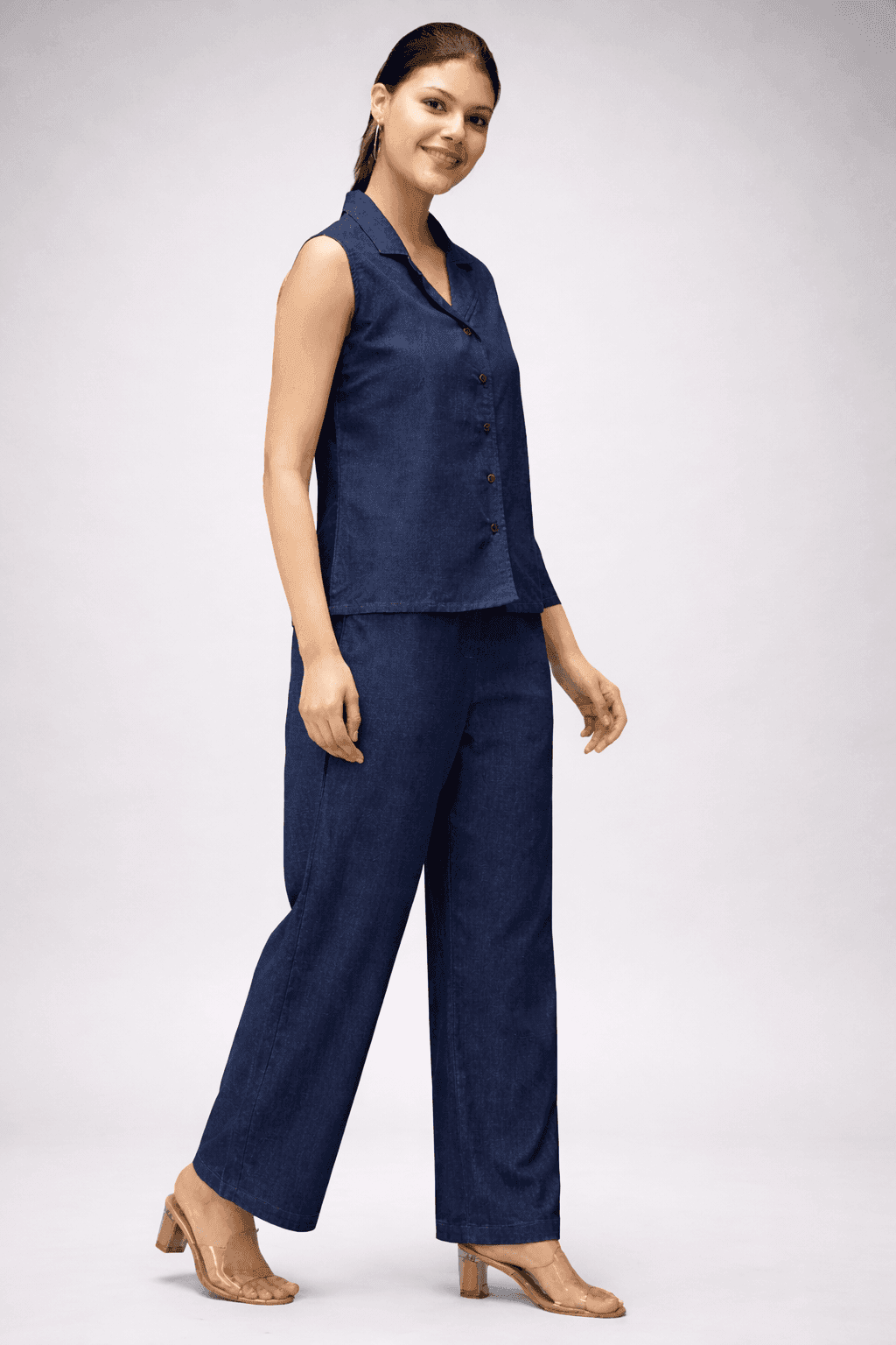 Denim Cotton Co-ord Set for Women | Sleeveless Shirt & Wide-Leg Pants | Vastradrobe 2