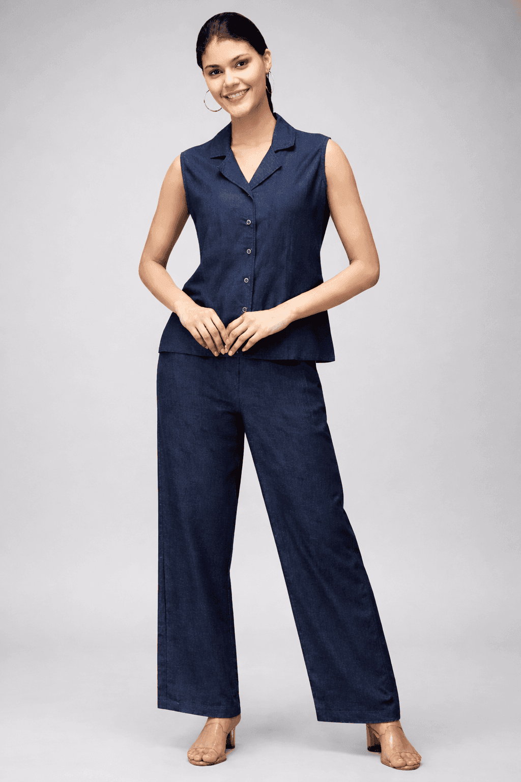 Denim Cotton Co-ord Set for Women | Sleeveless Shirt & Wide-Leg Pants | Vastradrobe