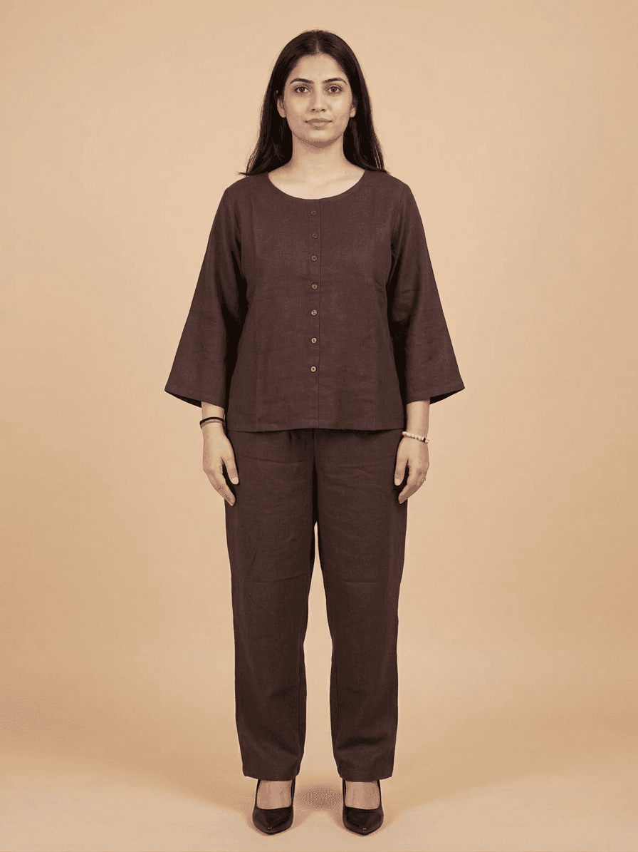 Women’s Co-Ord Set — Button Front Top & Pull-On Trousers With Bell Sleeves