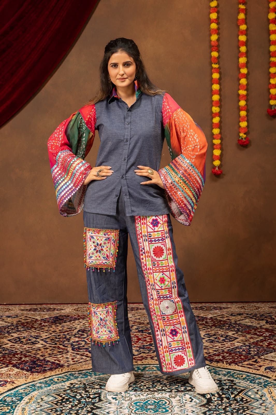 Women's Embroidered Denim & Georgette Ethnic Co-ord Set